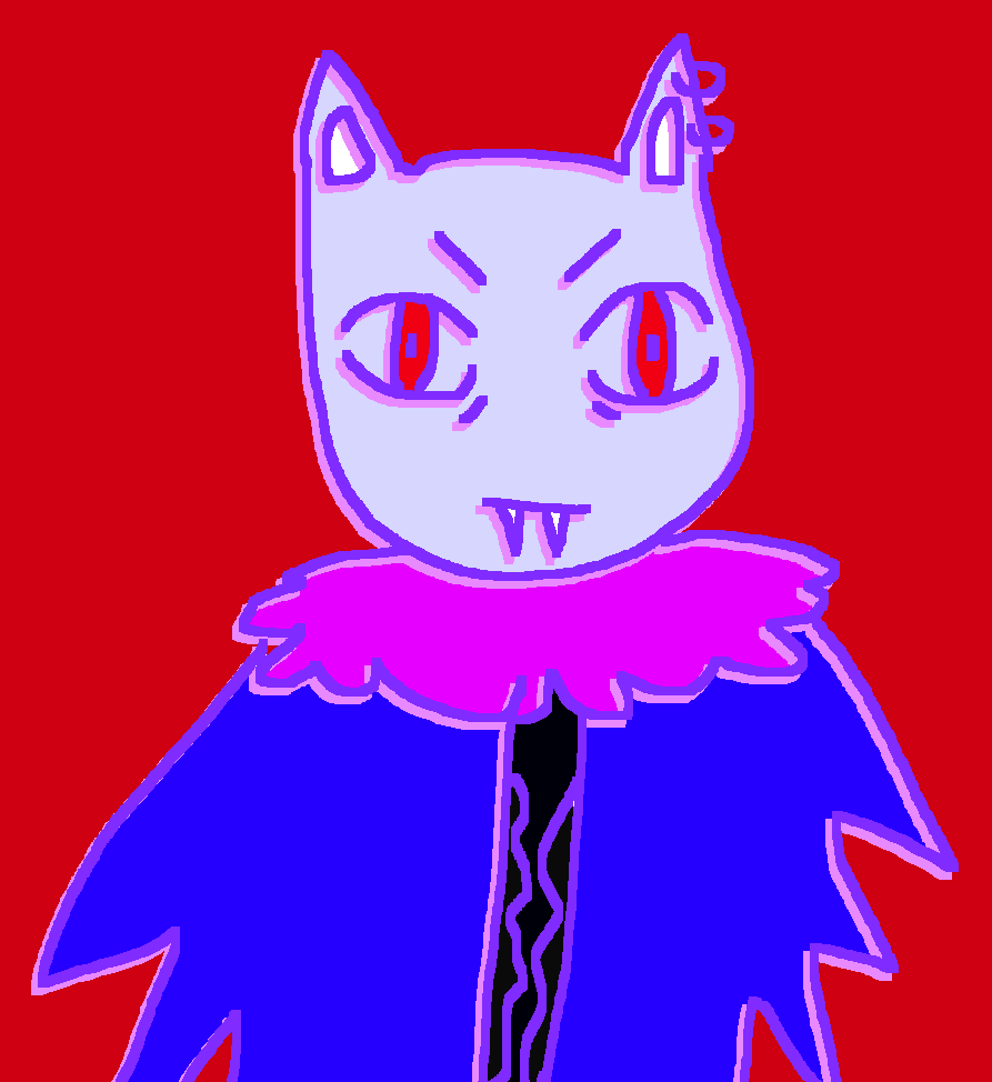 a gray bat wearing a cloak with red fur at the top, red eyes + two earrings