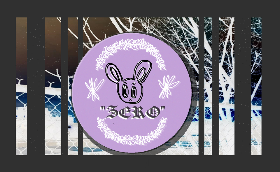 there's a background with inverted colors and gray bars across it. a pink stamp with a bunny says "zero"