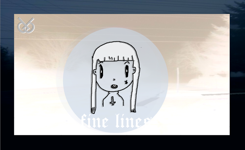 cute girl with upside down cross in front of a negative image landscape. it says "fine lines"