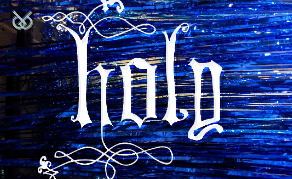 daphnis logo in the corner, the embroidered word "holy" in the middle, blue and dark blue streamers background