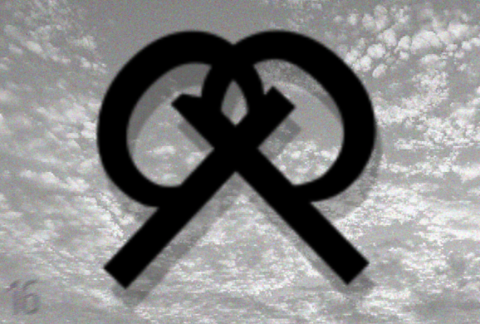 the daphins logo inverted in front of a pixelated gray sky. it casts a shadow on the sky. blurred 16 in the corner.