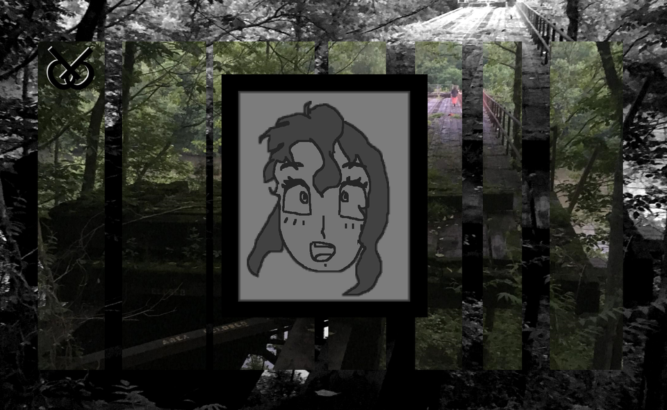 pixelated picture of a cute character in the center of a photo of a person in the distance, standing on a foresty bridge.