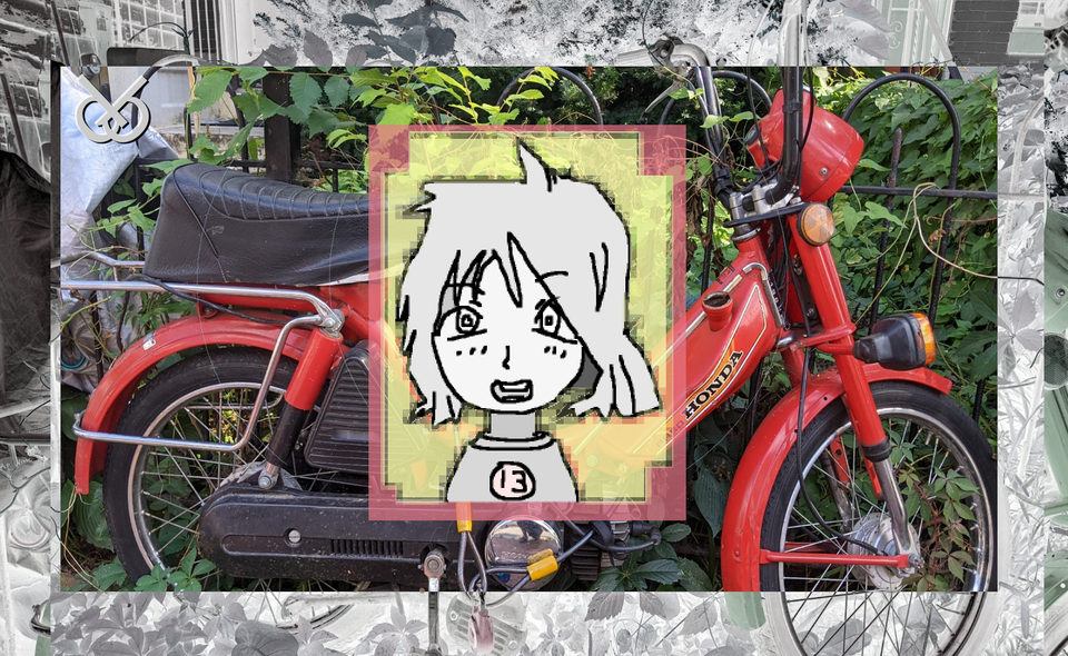 a character in the center of the image looking surprised. bg: a photo of a red honda moped. they have "13" on their t shirt.