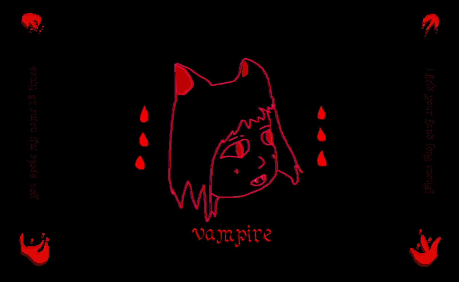 the title "vampire" in gothic script and a cute cat person with drops of blood descending & flowers