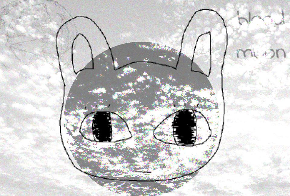 ms paint drawn rabbit in the middle. black and white sky background. a dark circle in the middle that is shadowy & rgb noise