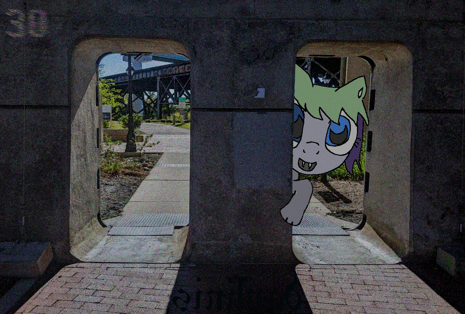 a my little pony style character with green and purple hair hiding behind a futuristic cement pylon