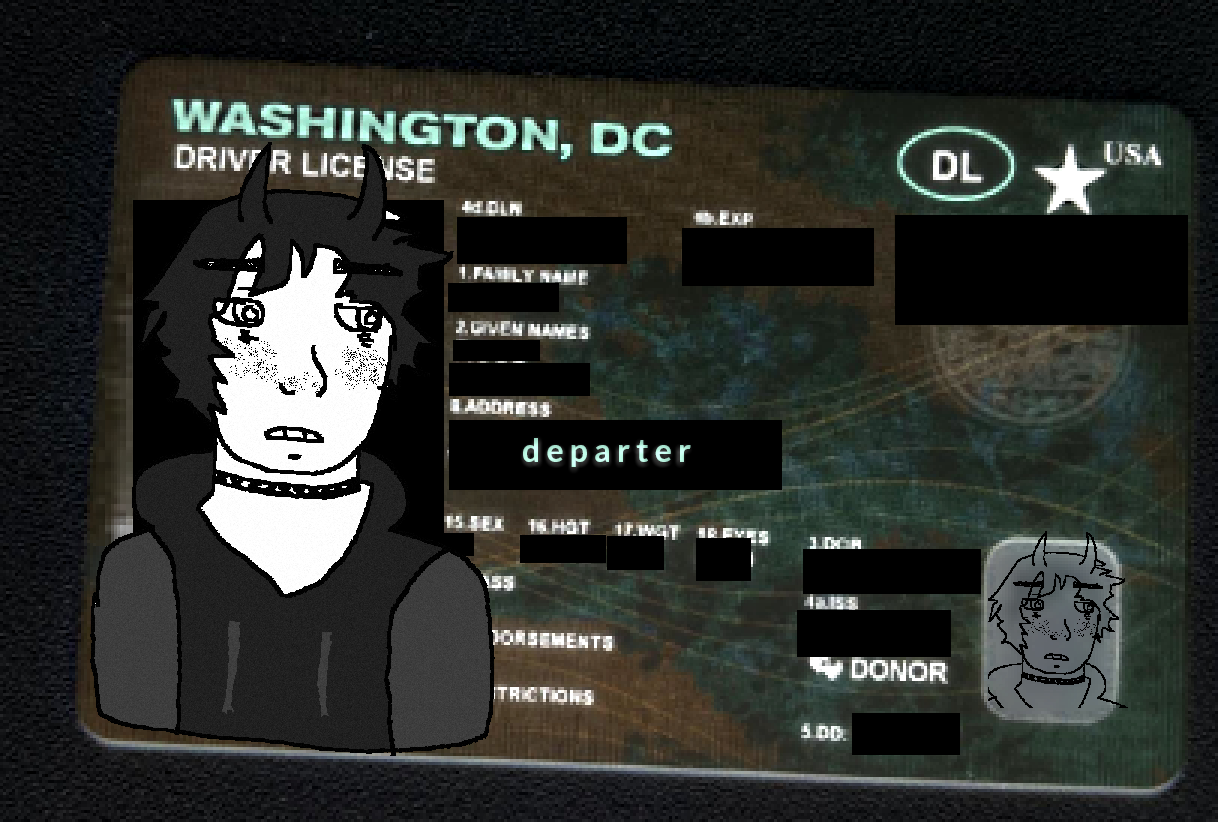 a shadowy id card from washington, DC with a drawing of a demon boy wearing a hoodie with the details redacted