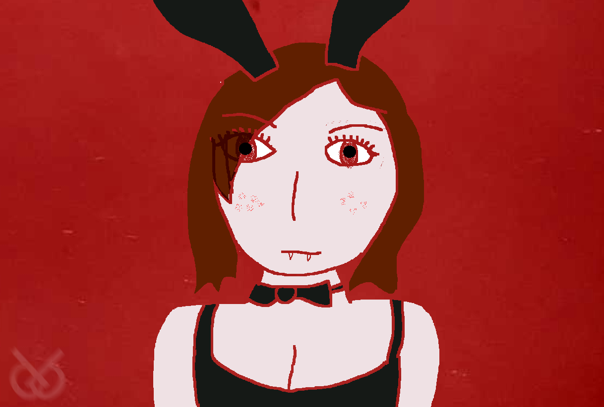 an mspaint drawing of a femboy wearing a black top, black bunny ears and a black bowtie on a red bg