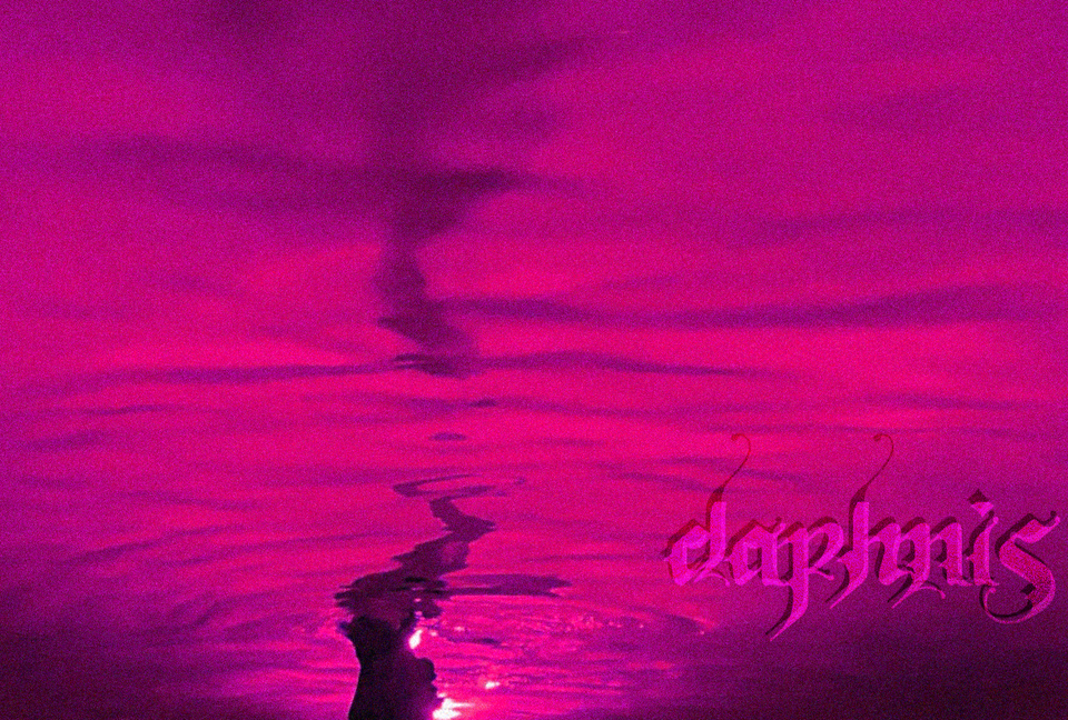 daphnis in a pool of red liquid at night, vertically inverted image with daphnis logo