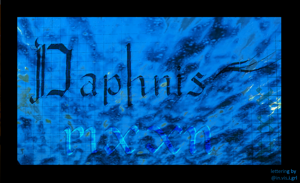 watery blue background with dark cloudy shapes and transparent calligraphic text "daphnis mxxn"