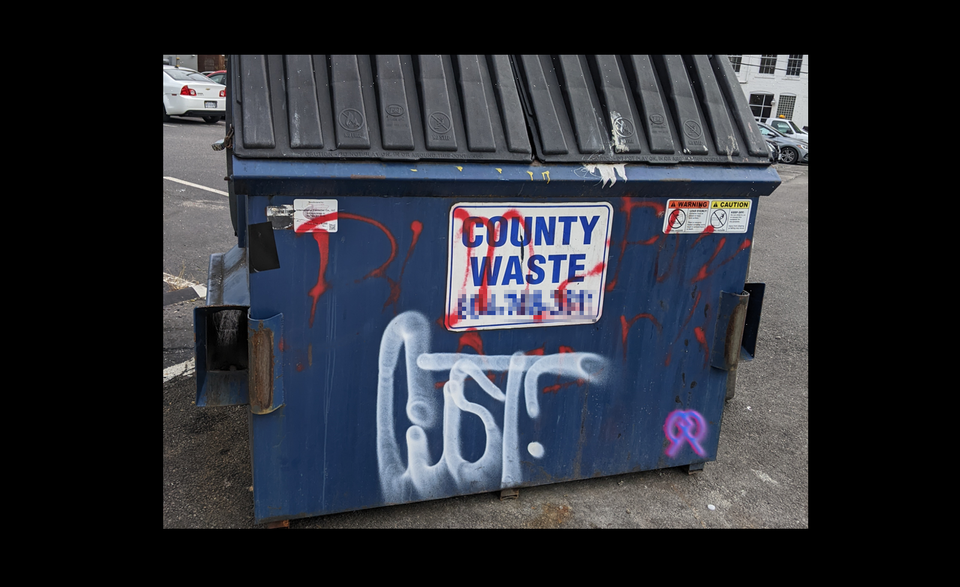 a dumpster that says "county waste" but the "o" is partially covered by graffitti, making it look like "cxnty waste"
