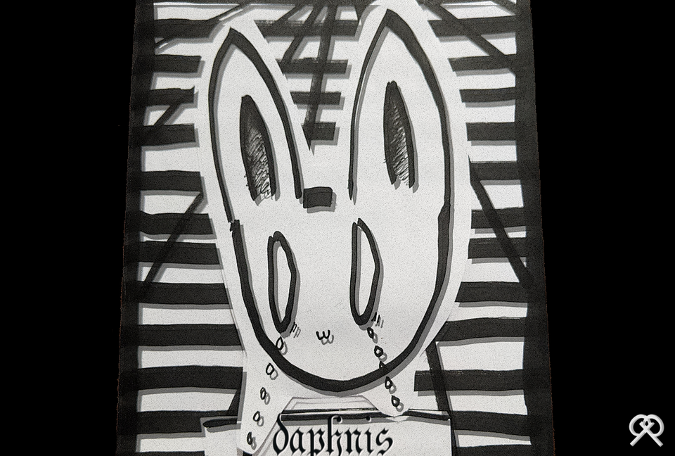 a bnuy crying tears in front of a series of black lines. her eyes are wide open and she is smiling. it says "daphnis"