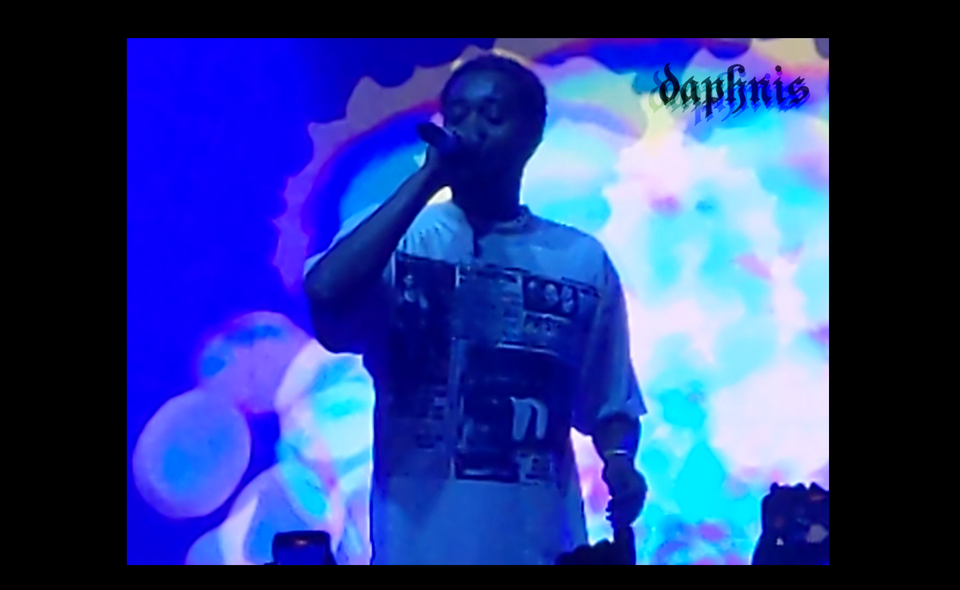 danny brown on stage with the mic in front of a light show 